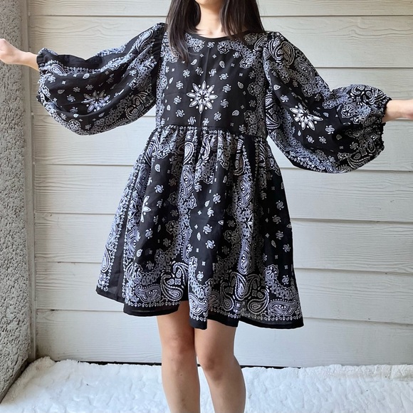 Handmade Dresses & Skirts - Made To Order | Handmade Bandana Dress -Black-Puff Sleeves